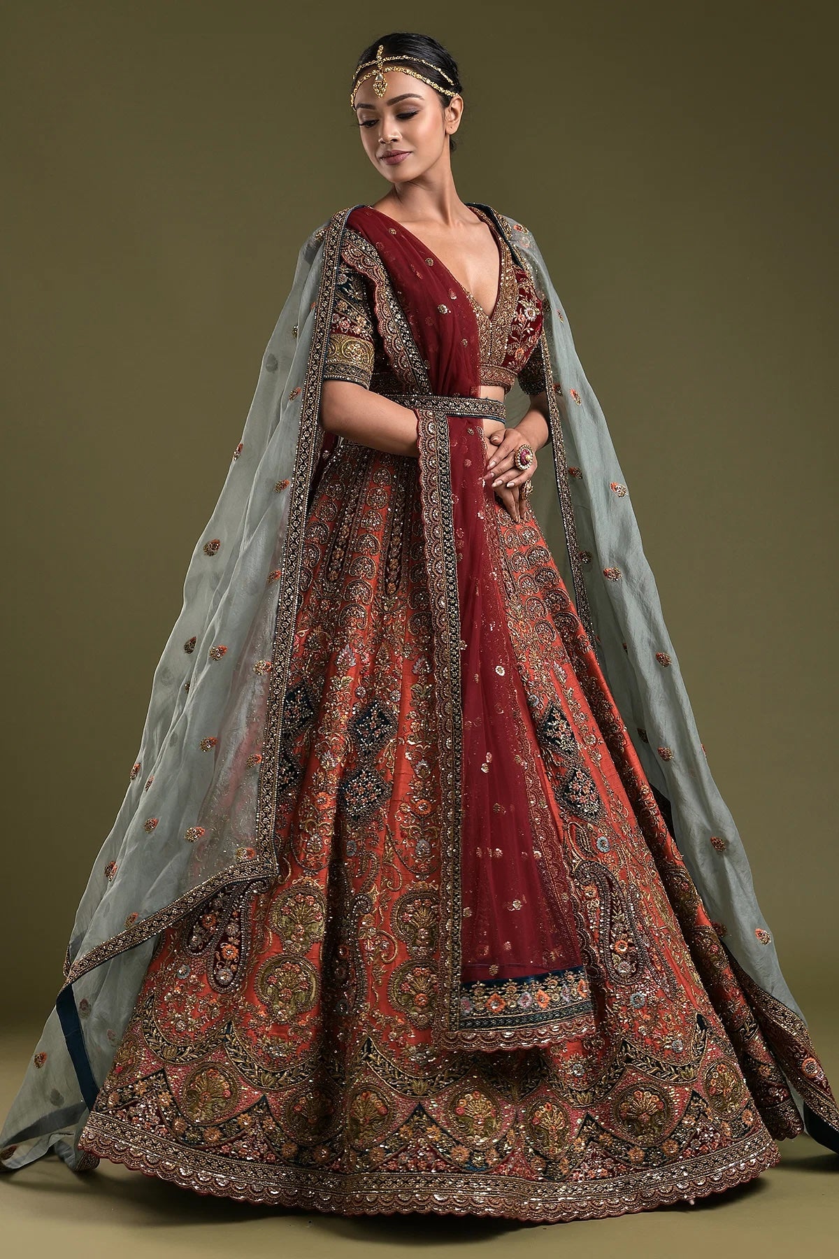 Rust Orange Sequins Embroidered Raw Silk Bridal Lehenga