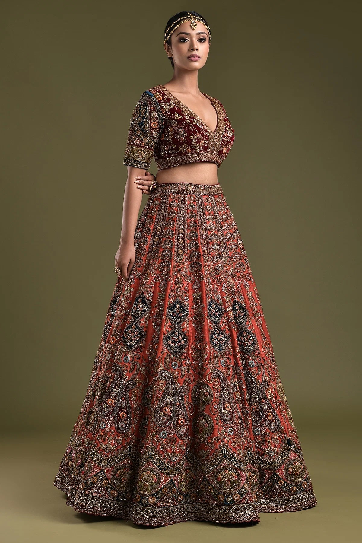 Rust Orange Sequins Embroidered Raw Silk Bridal Lehenga