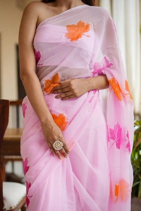 Pink Maple Chiffon Saree with Handpainted Designs