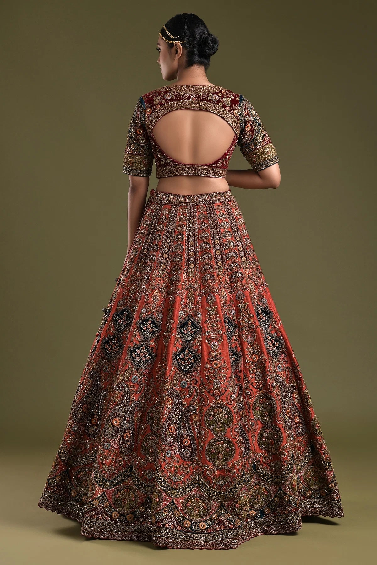 Rust Orange Sequins Embroidered Raw Silk Bridal Lehenga