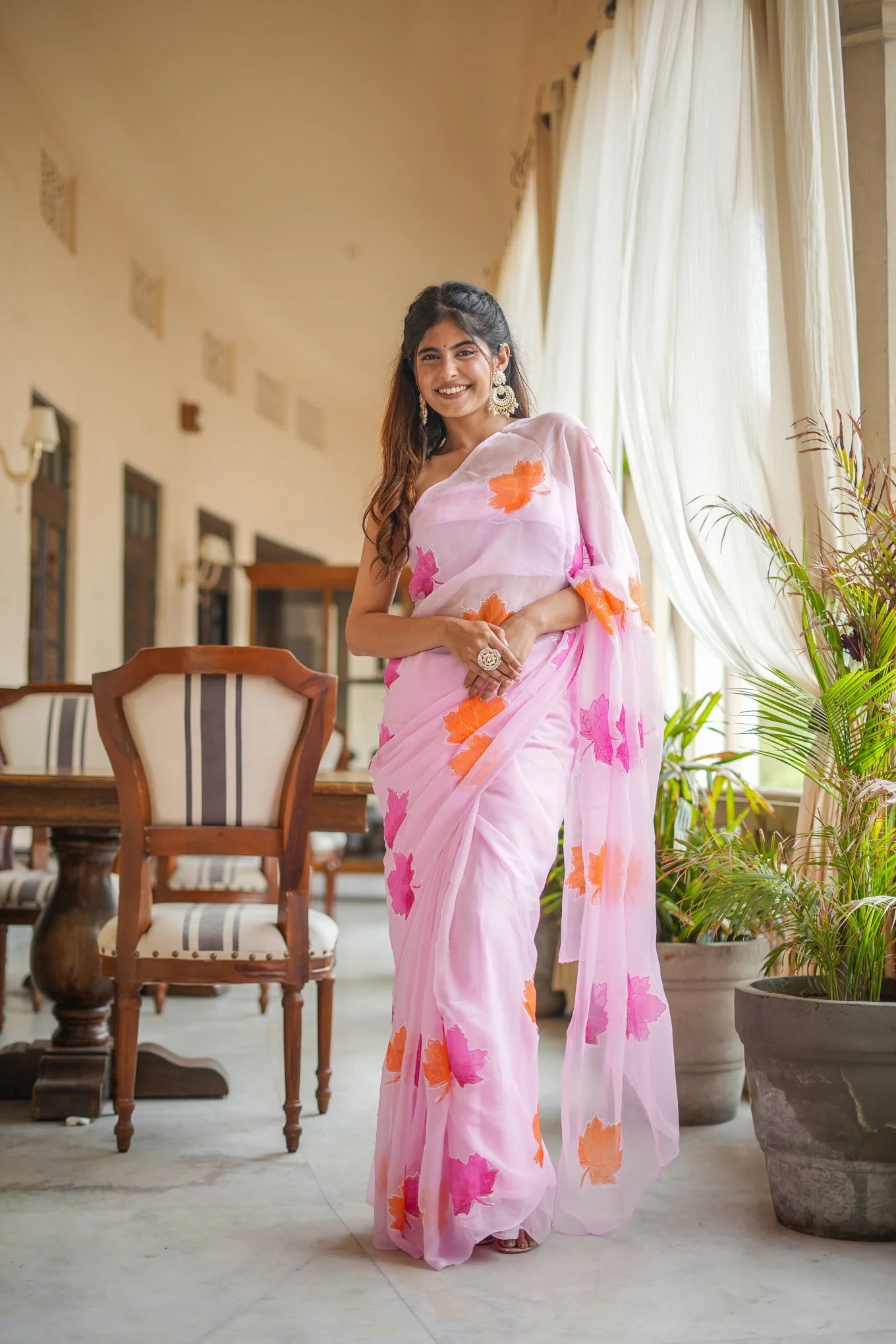 Pink Maple Chiffon Saree with Handpainted Designs