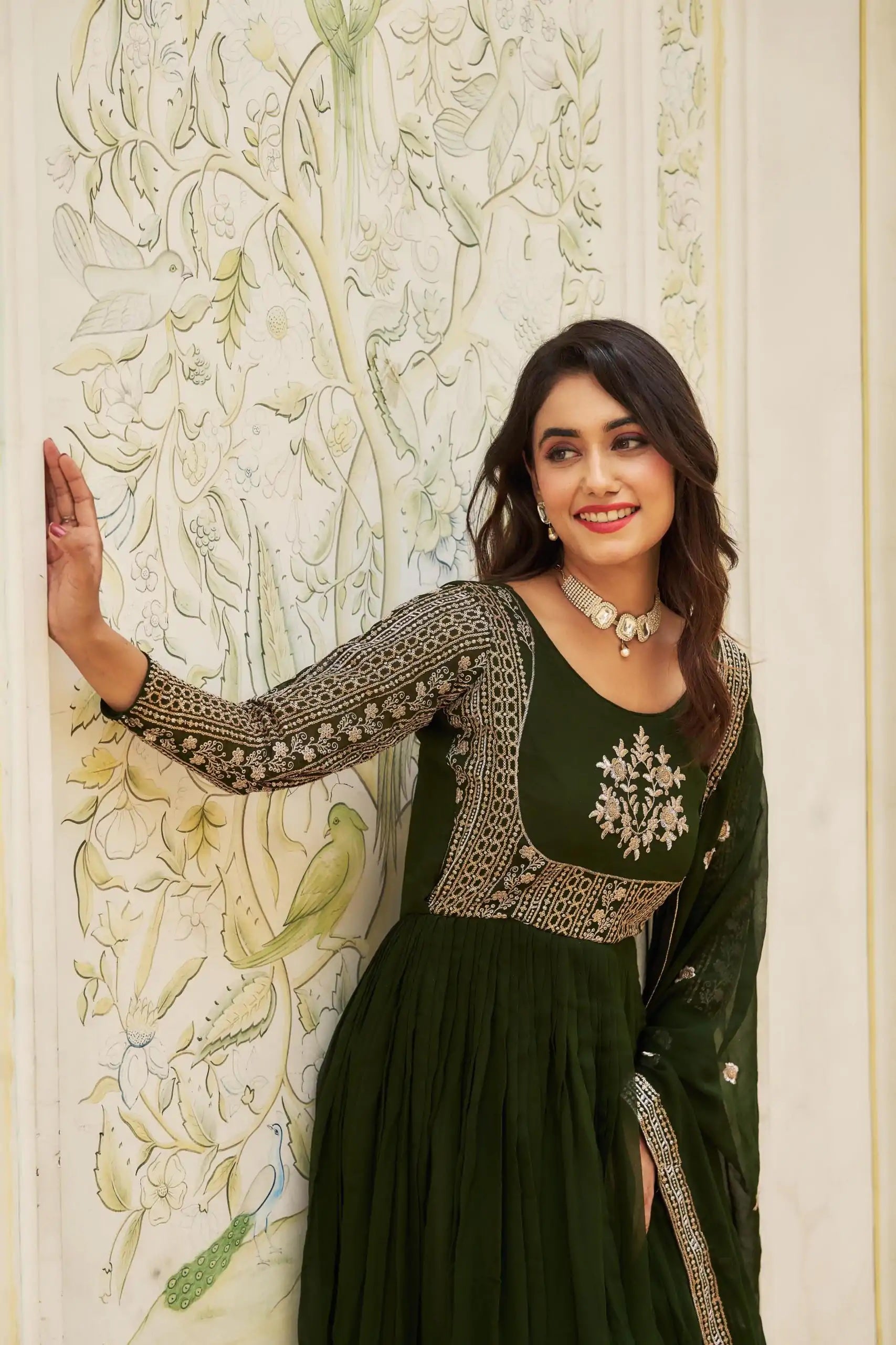 Artfully Green Georgette Gown with Sequin Embroidery