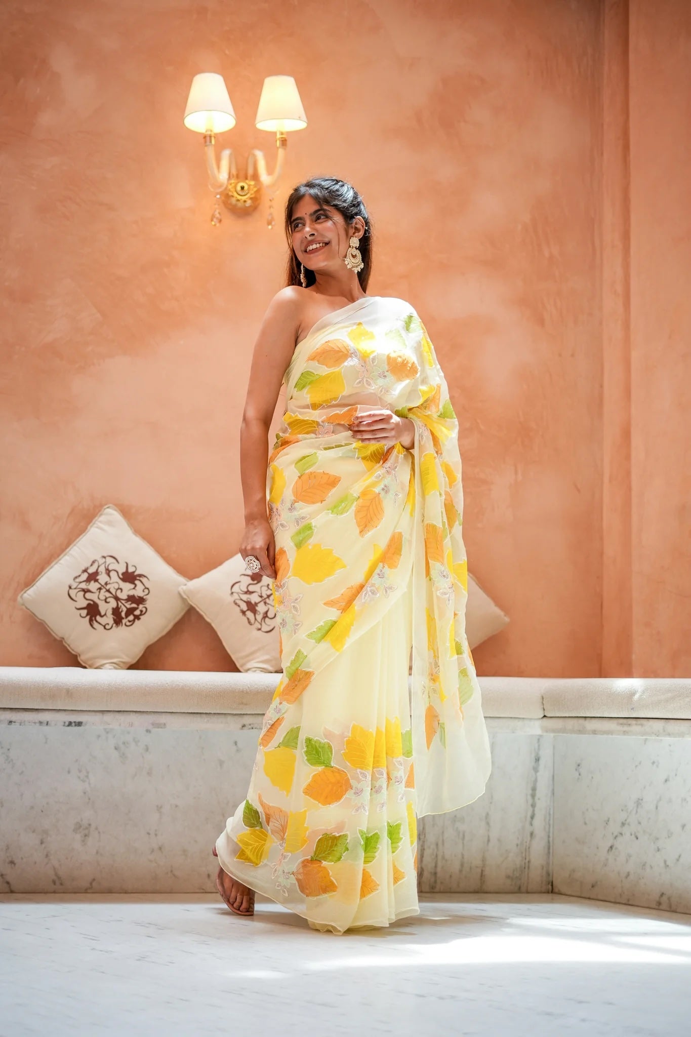 Floral Fantasy Pastel Yellow Chiffon Saree