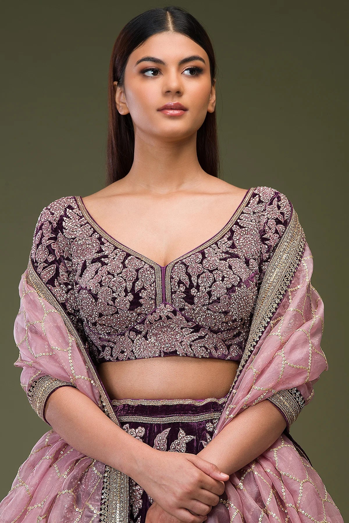 Grape Purple Sequins Embroidered Velvet Wedding Lehenga