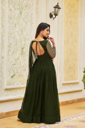 Artfully Green Georgette Gown with Sequin Embroidery