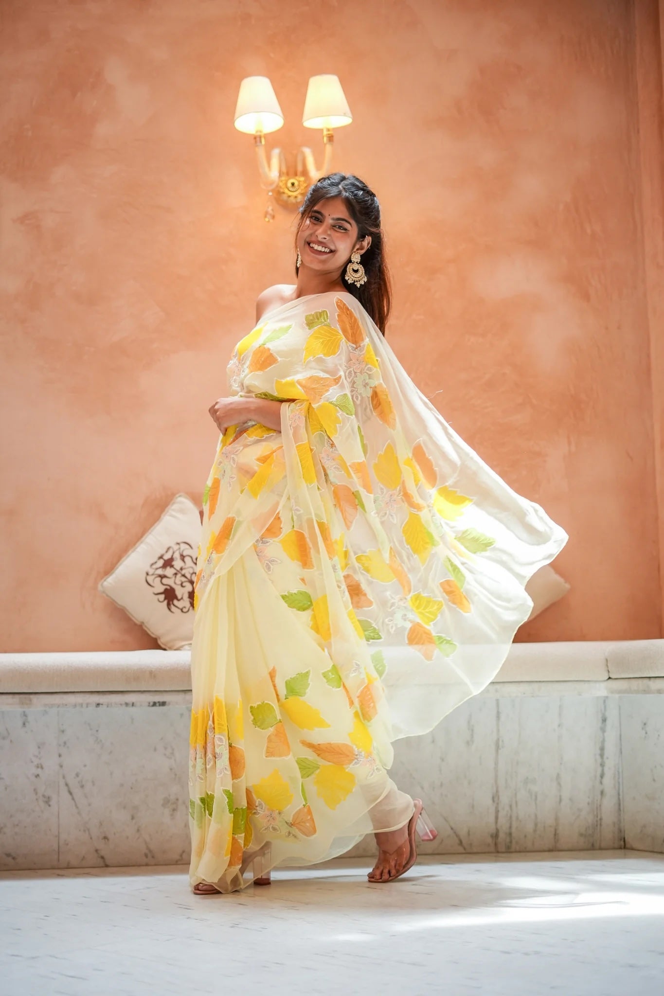 Floral Fantasy Pastel Yellow Chiffon Saree