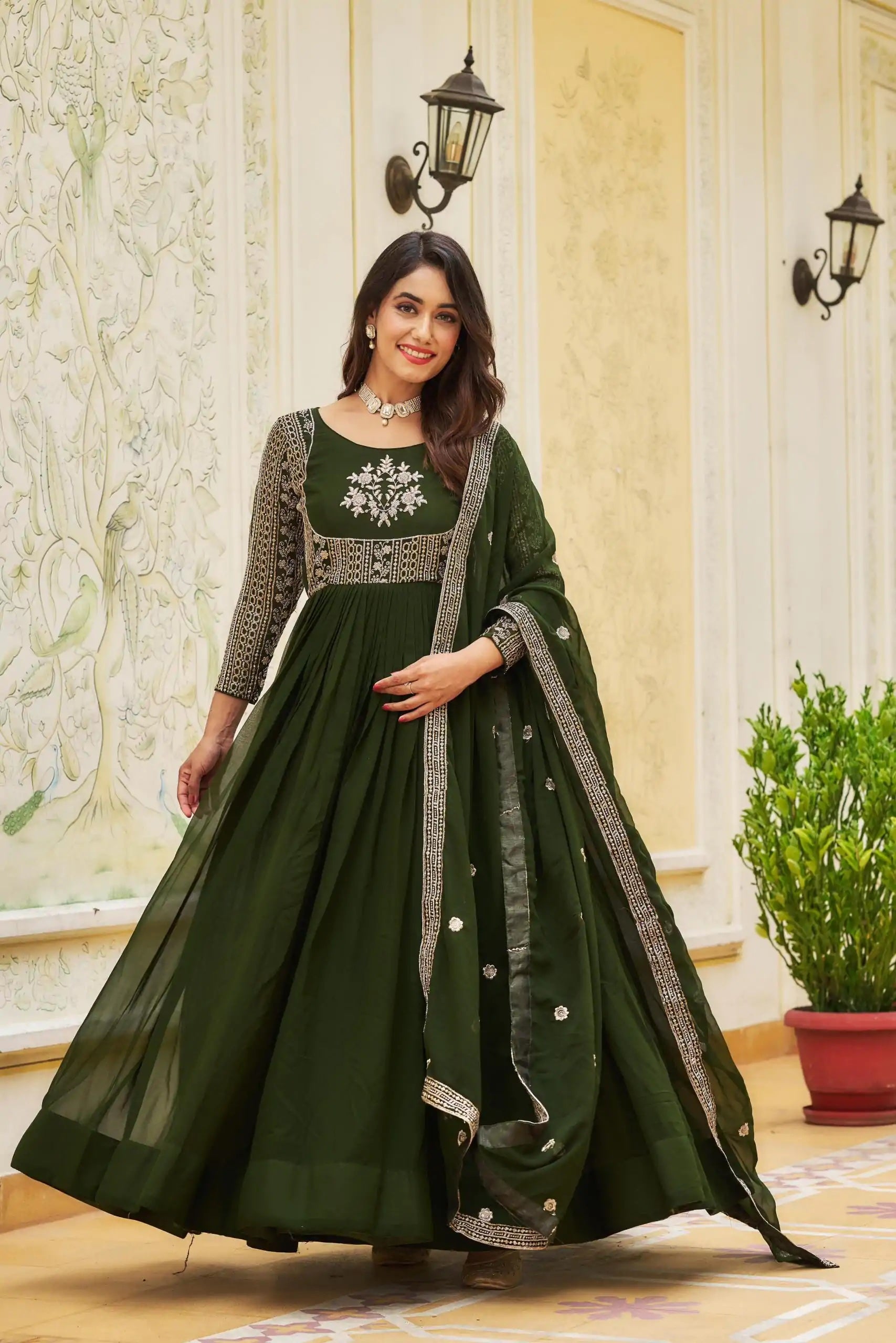 Artfully Green Georgette Gown with Sequin Embroidery