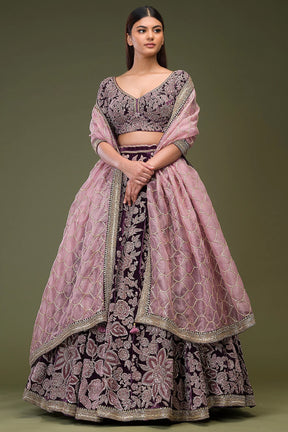 Grape Purple Sequins Embroidered Velvet Wedding Lehenga