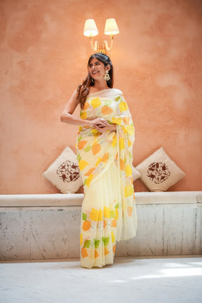 Floral Fantasy Pastel Yellow Chiffon Saree