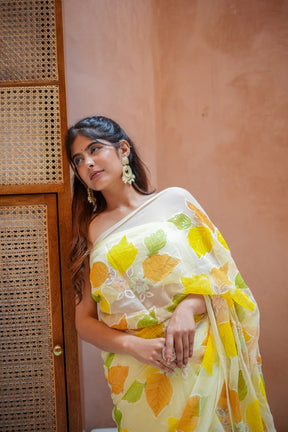 Floral Fantasy Pastel Yellow Chiffon Saree