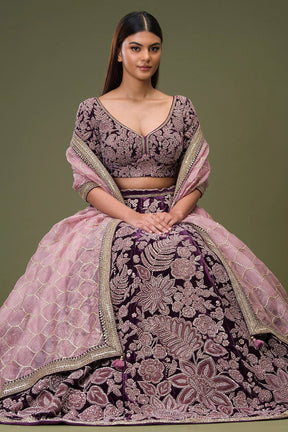 Grape Purple Sequins Embroidered Velvet Wedding Lehenga