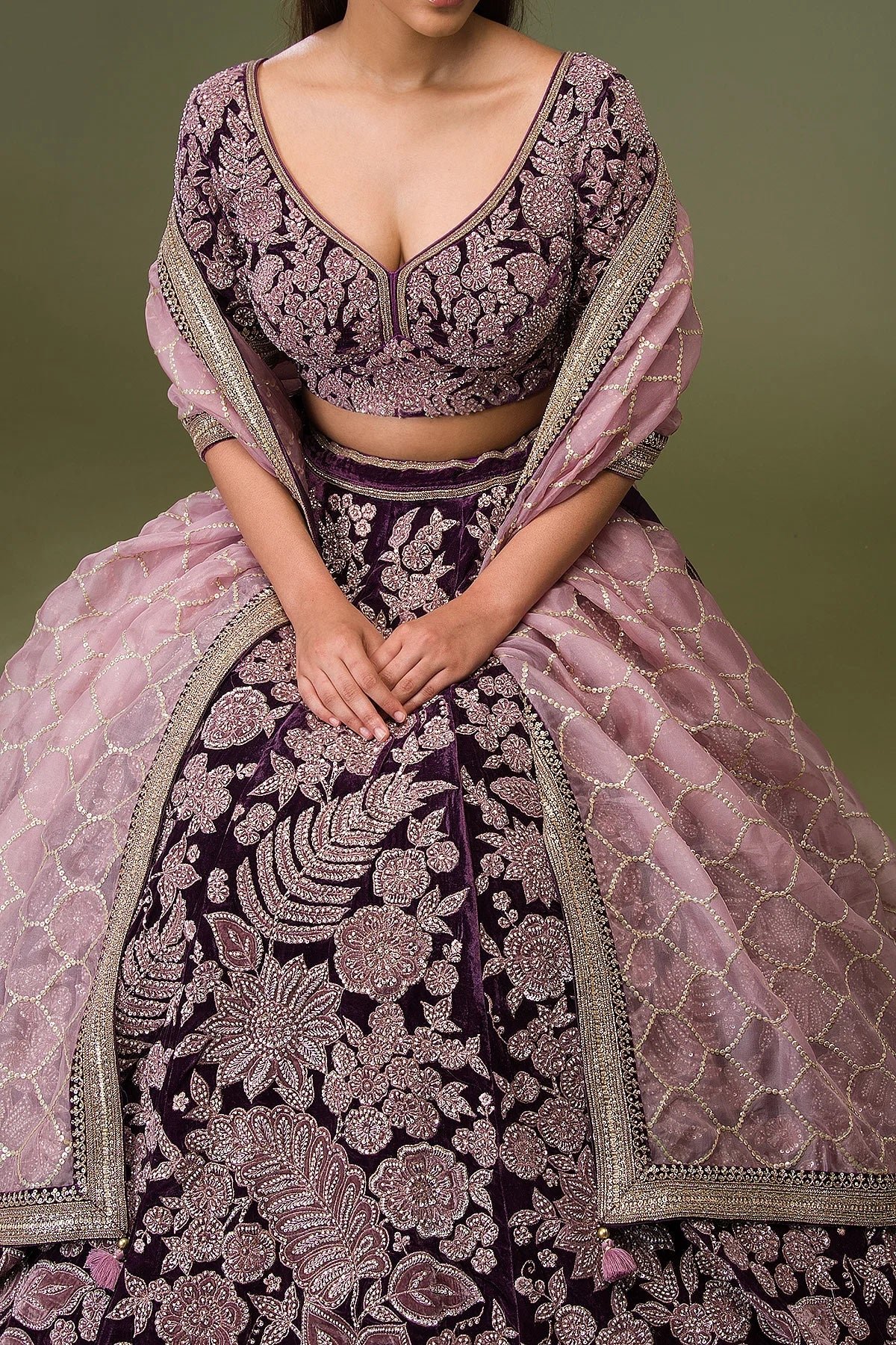 Grape Purple Sequins Embroidered Velvet Wedding Lehenga