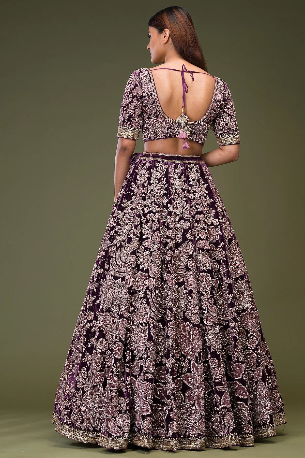 Grape Purple Sequins Embroidered Velvet Wedding Lehenga