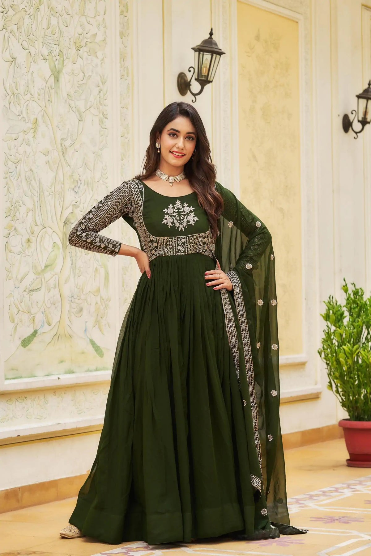 Artfully Green Georgette Gown with Sequin Embroidery