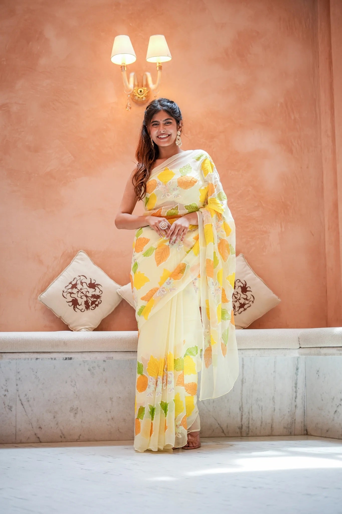 Floral Fantasy Pastel Yellow Chiffon Saree