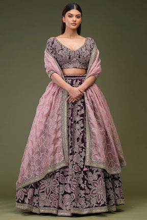 Grape Purple Sequins Embroidered Velvet Wedding Lehenga