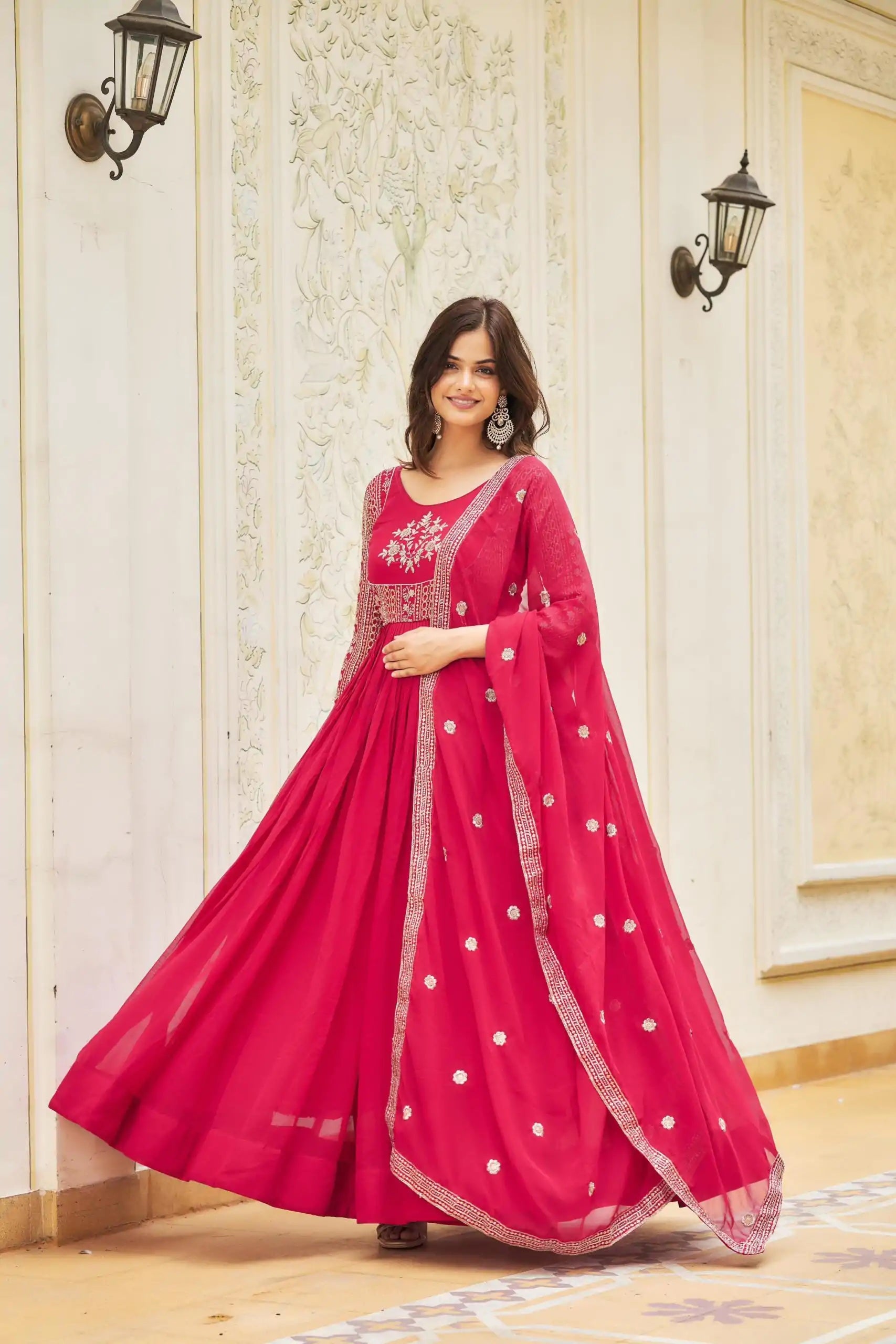 Artfully Pink Georgette Gown with Sequin Embroidery Evening Wear