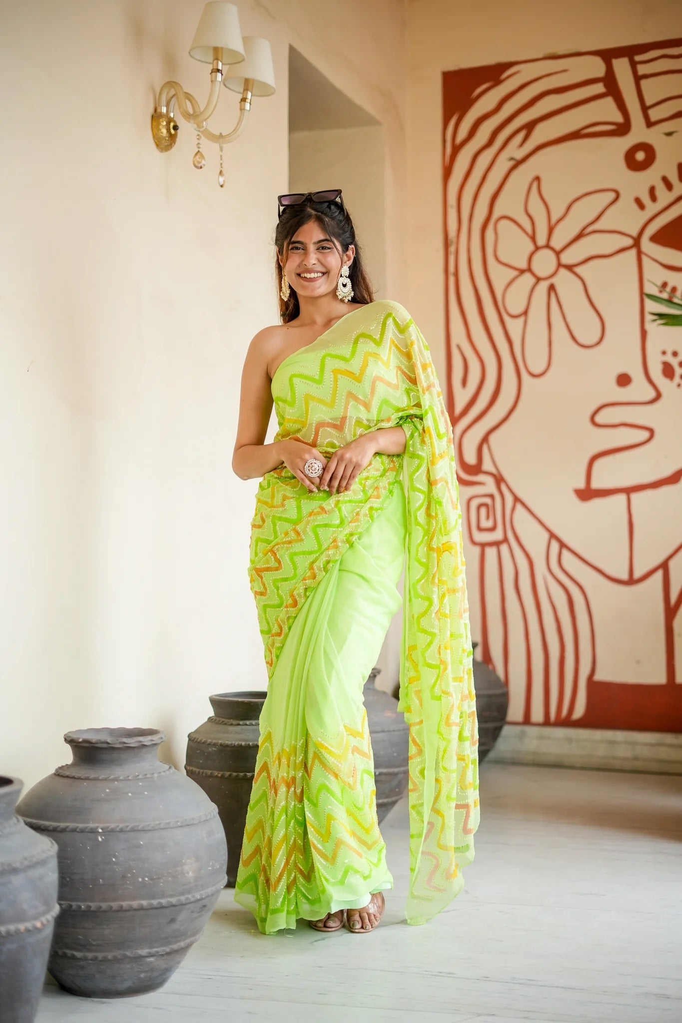 Glamorous Lehriya Pastel Green Chiffon Saree