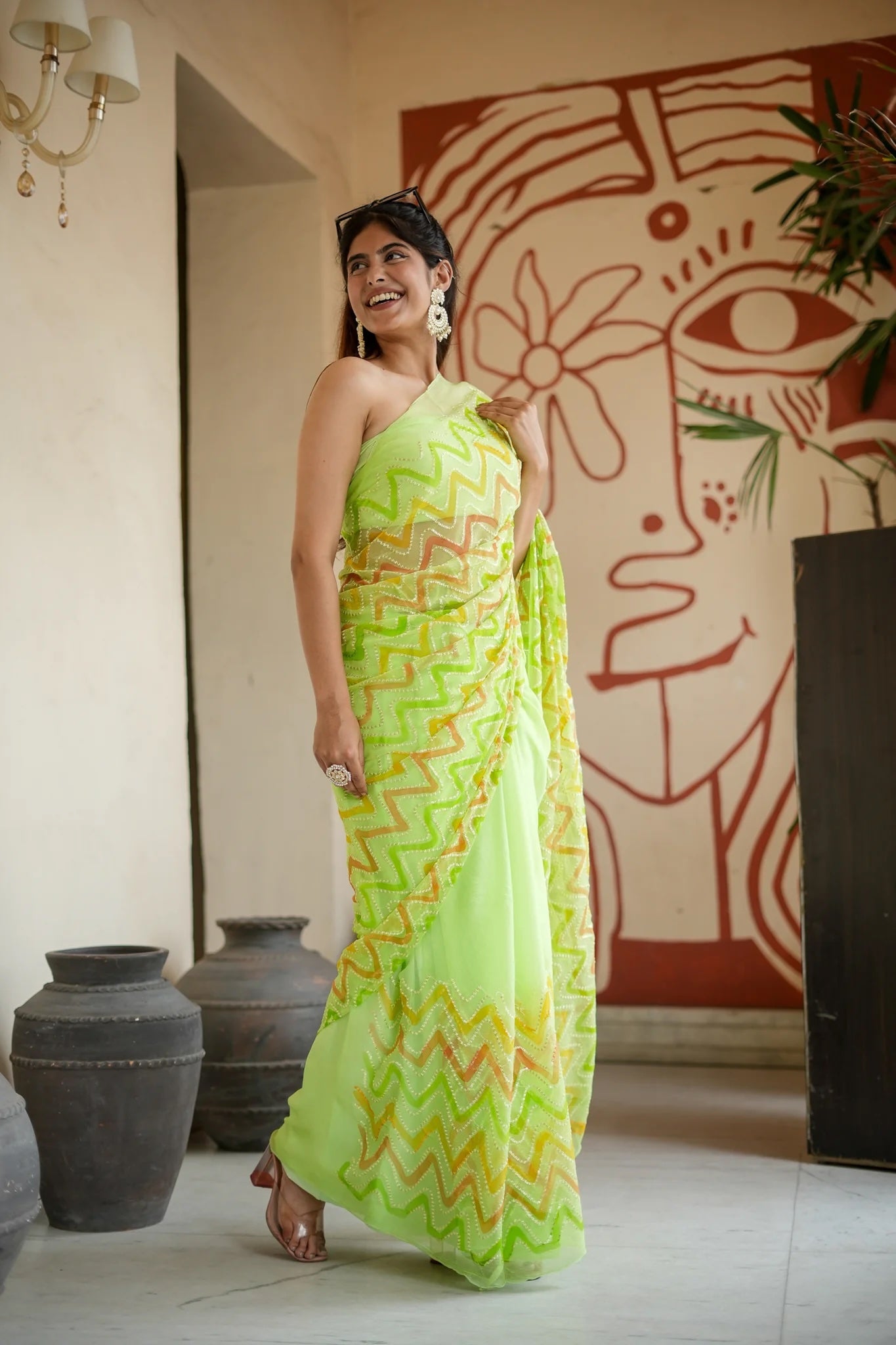 Glamorous Lehriya Pastel Green Chiffon Saree