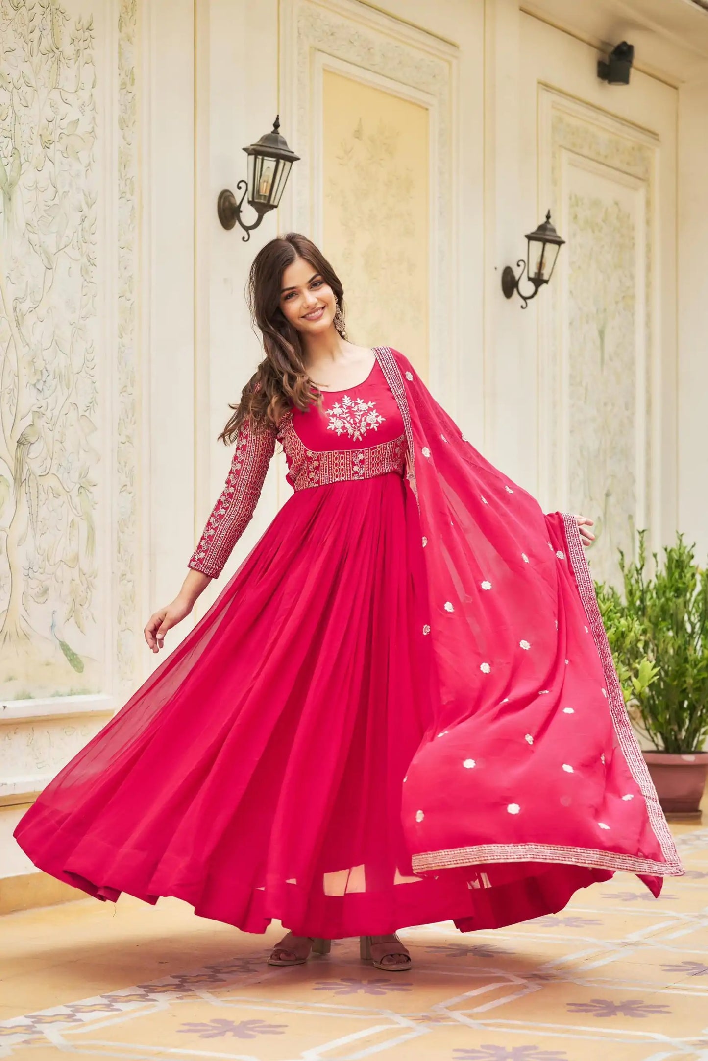 pink georgette dress Light Pink Exquisite Floral Print Georgette Gown with Lace Accents