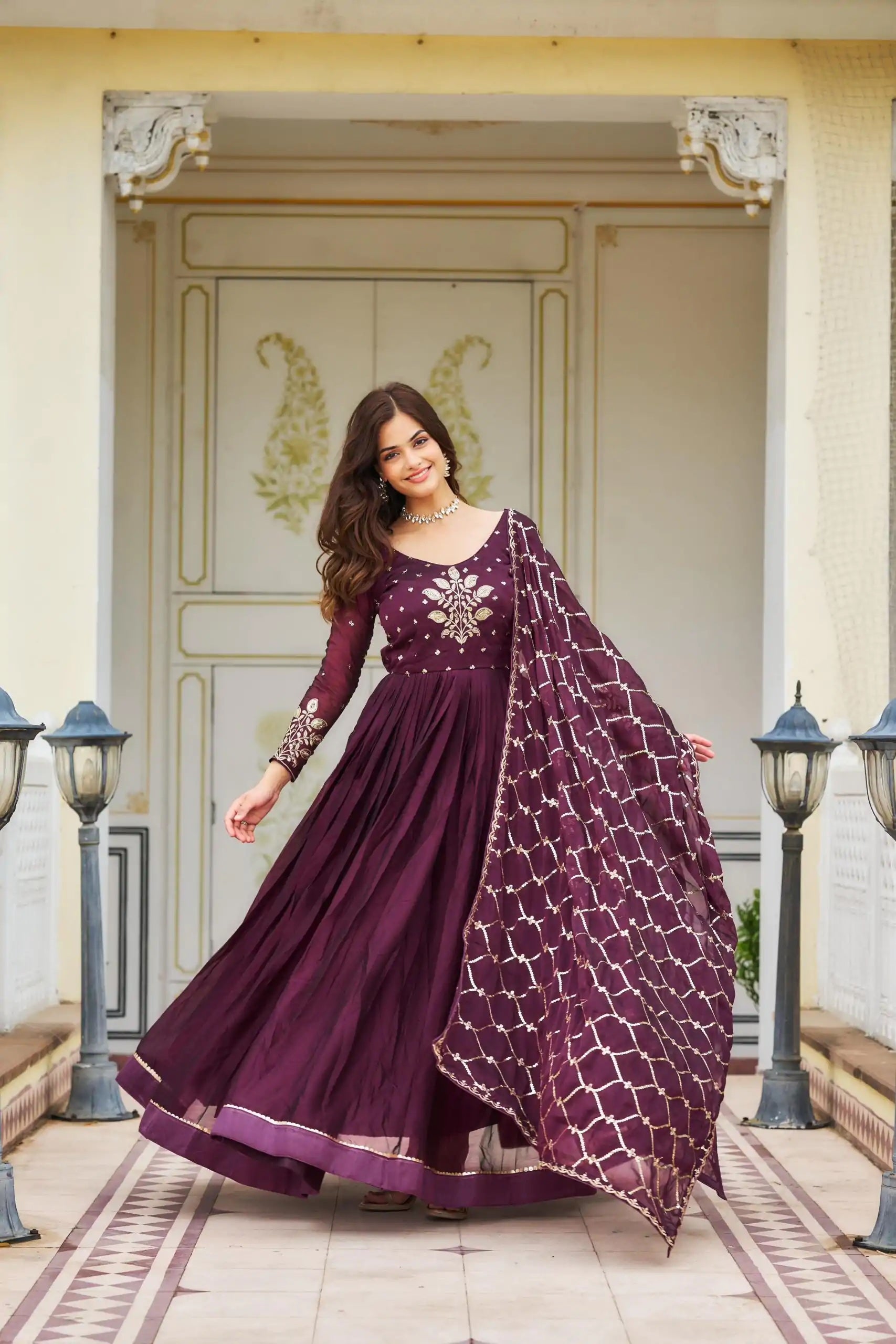 Majestic Purple Rangoli Sequin Embroidery Gown