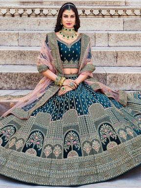 Enchanting Teal Blue Velvet Bridal Lehenga Choli with Intricate Embroidery