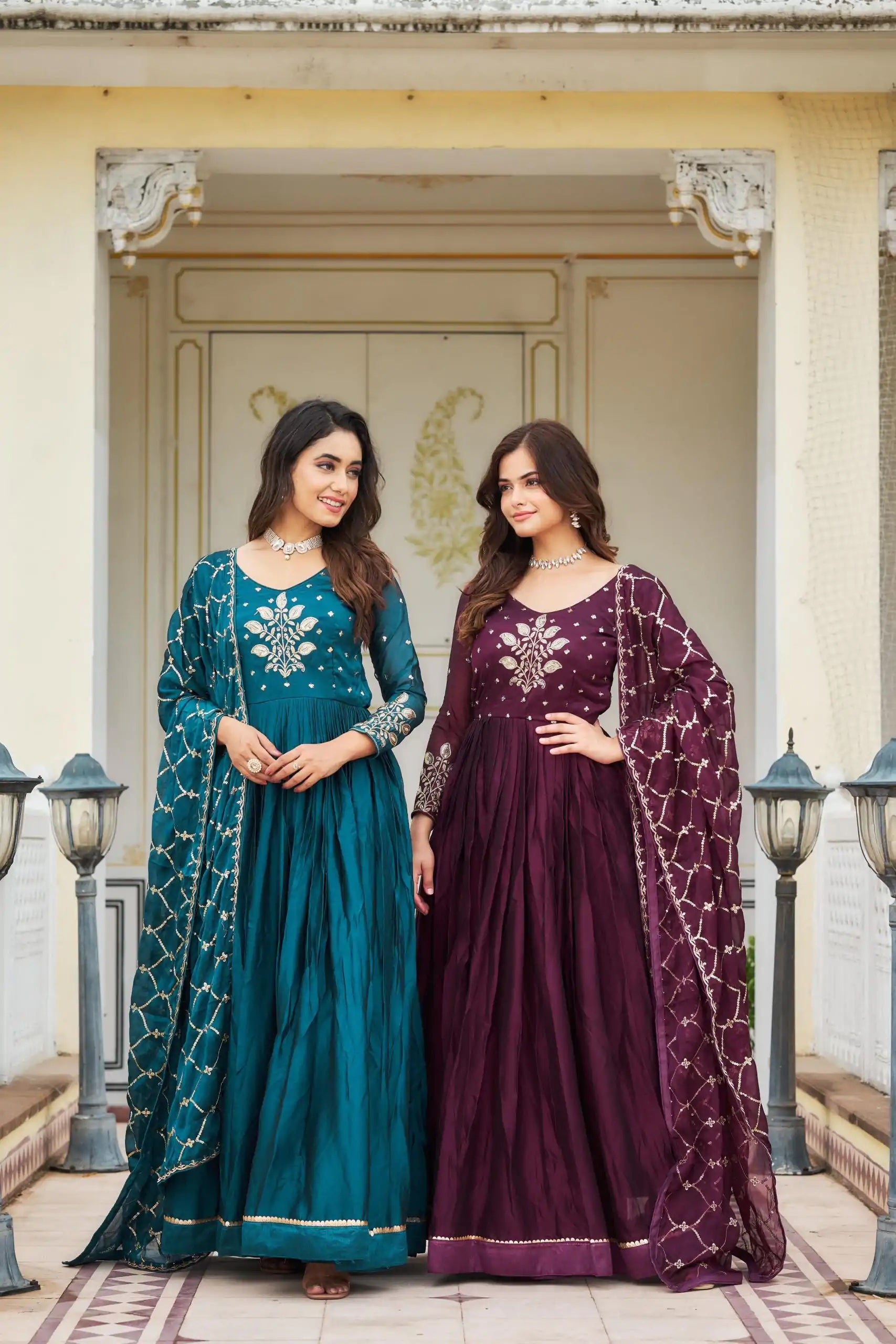 Luxurious Majestic Blue Rangoli Sequin Embroidery Gown