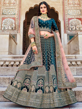 Enchanting Teal Blue Velvet Bridal Lehenga Choli with Intricate Embroidery