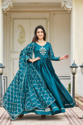 Luxurious Majestic Blue Rangoli Sequin Embroidery Gown