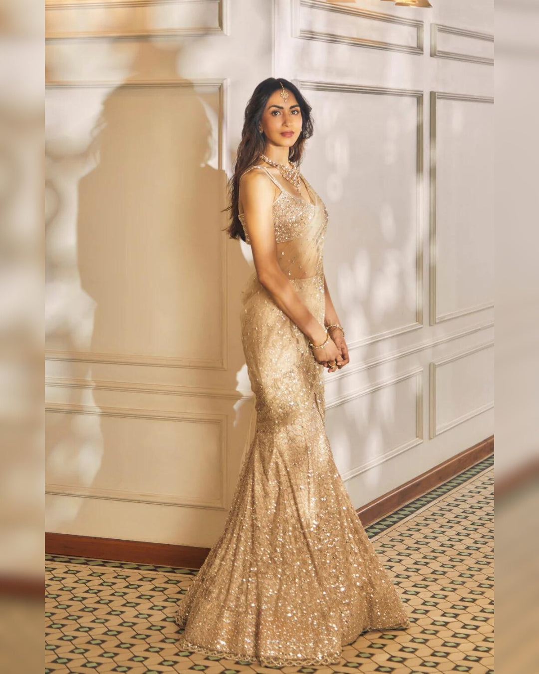 Priya Abraham Beige Gold Fishcut Drape Saree | Elegant and Modern Ethnic Wear