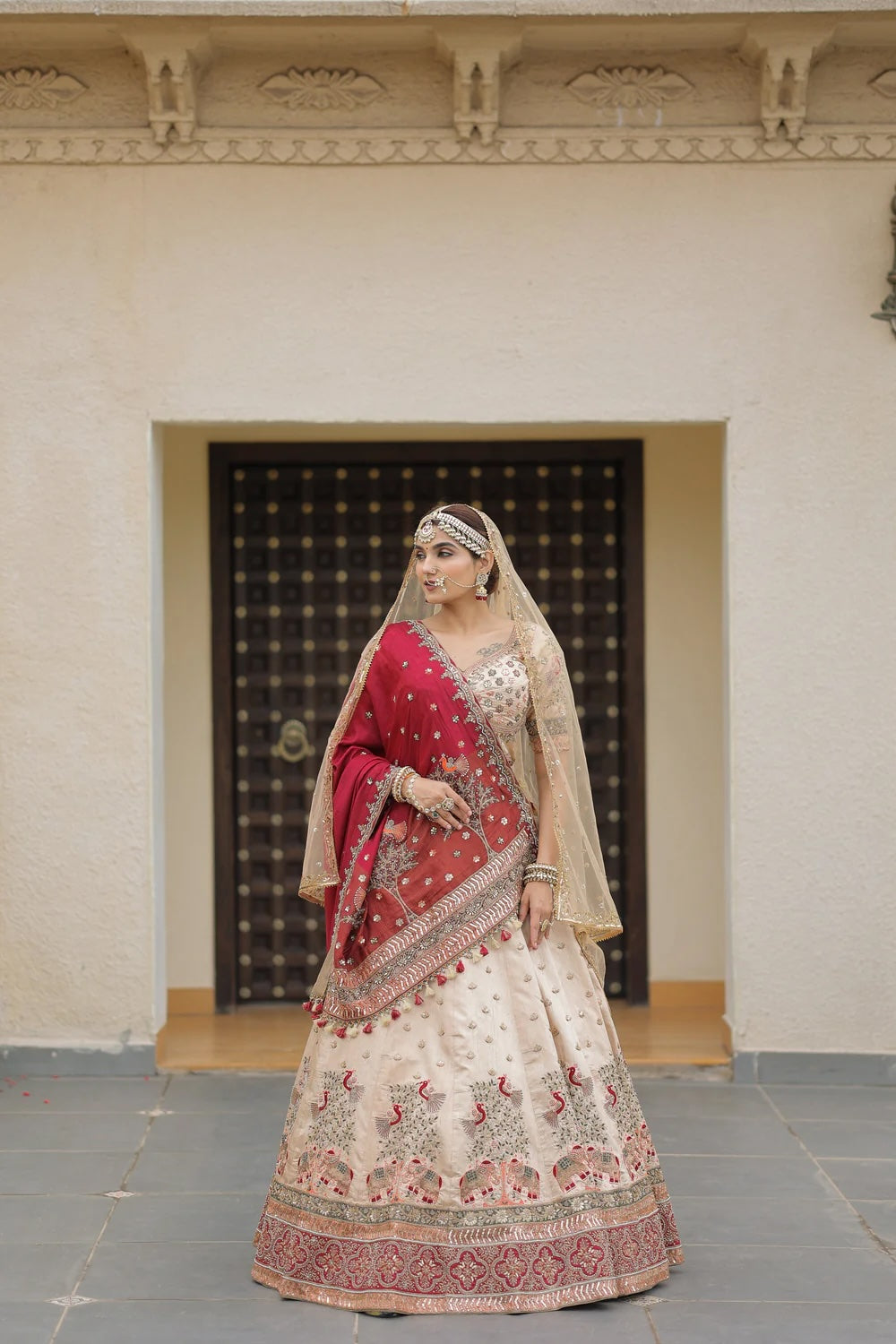 Very Light Peach Raw Silk Bridal Lehenga with Elegant Embroidery