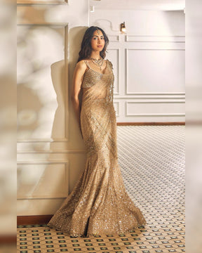 Priya Abraham Beige Gold Fishcut Drape Saree | Elegant and Modern Ethnic Wear