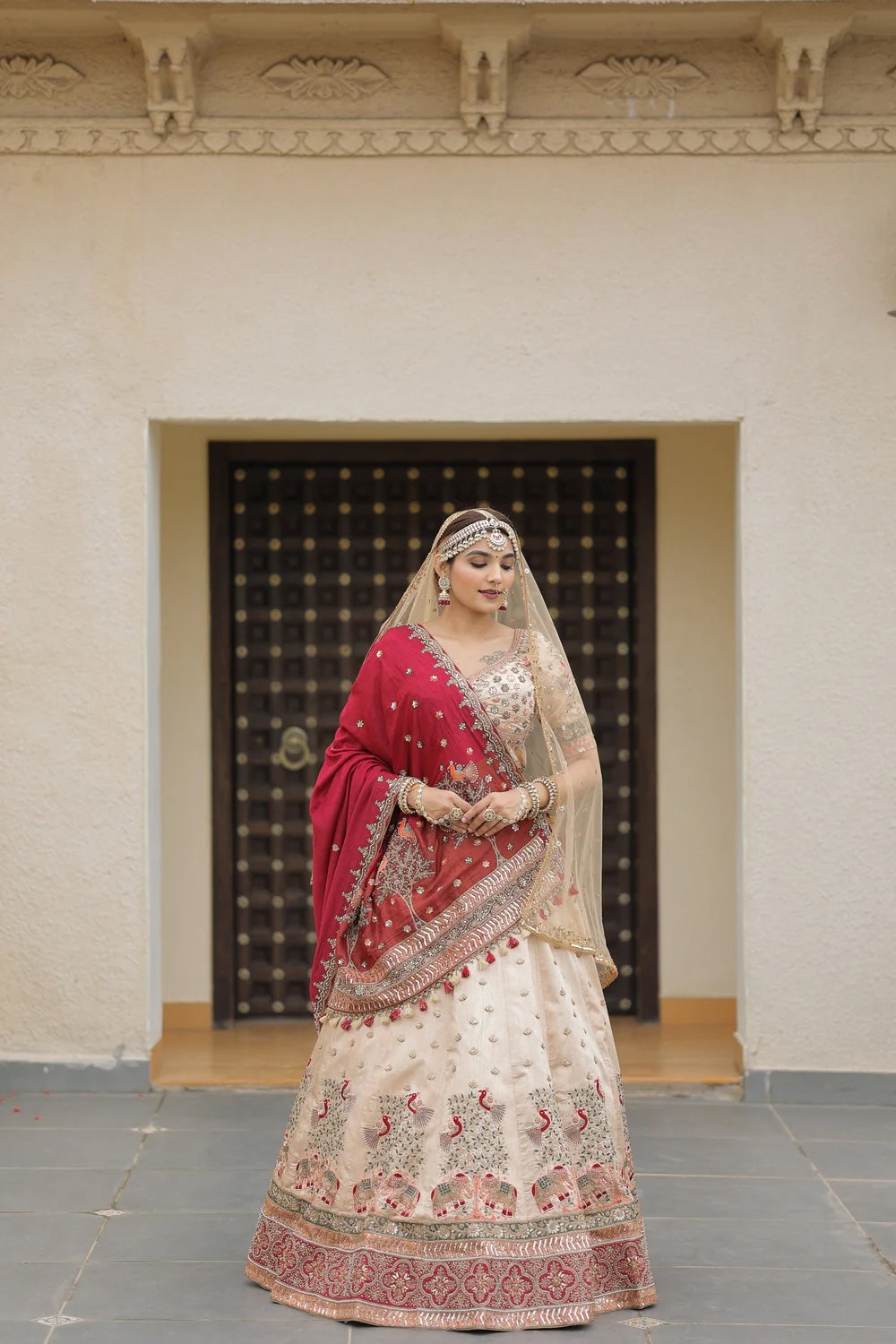 Very Light Peach Raw Silk Bridal Lehenga with Elegant Embroidery