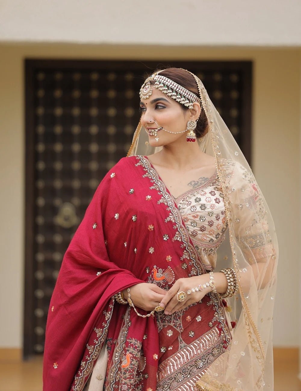 Very Light Peach Raw Silk Bridal Lehenga with Elegant Embroidery