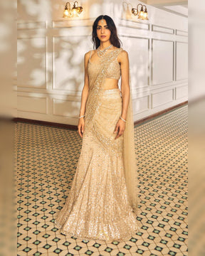 Priya Abraham Beige Gold Fishcut Drape Saree | Elegant and Modern Ethnic Wear