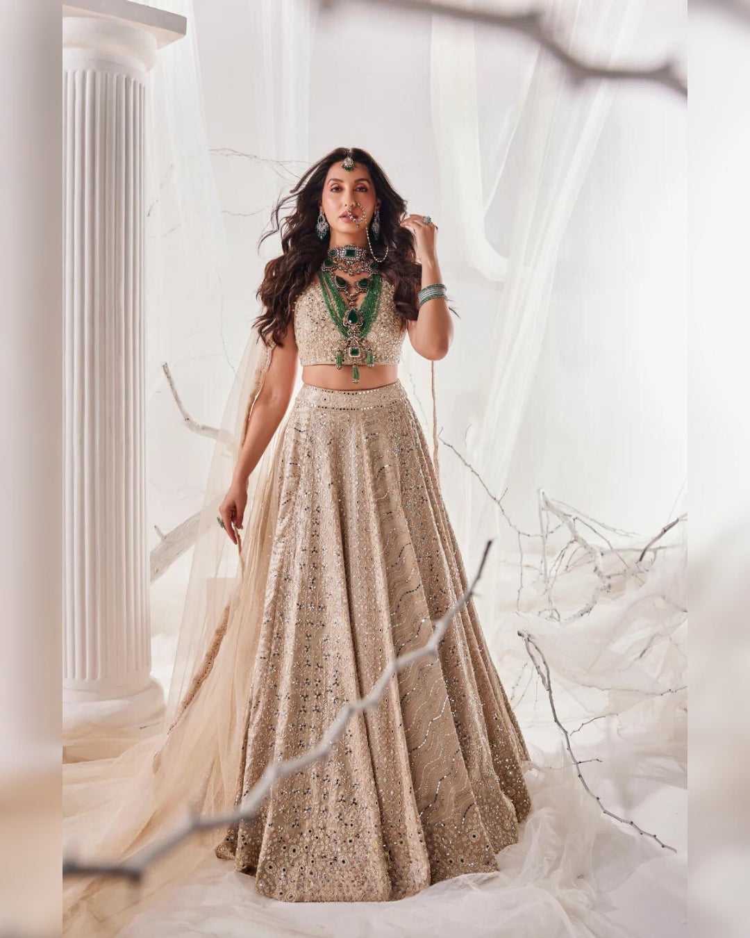 Nora Fatehi Gold Beige Beadwork Lehenga | Glamorous and Elegant Ethnic Wear