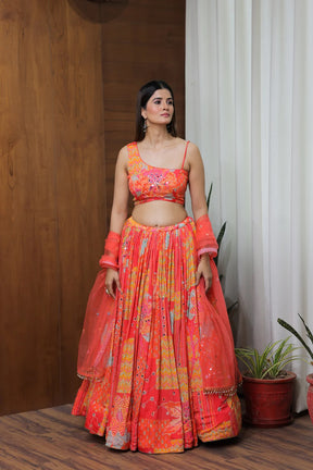 Red-Orange Off-Shoulder Multi-Print Chaniya Choli for Festive Occasions