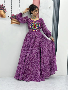 Perfect Purple Bandhani Printed Gamathi Mirror Work Gown