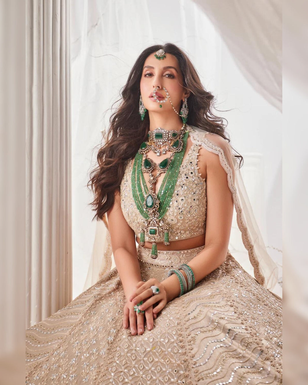 Nora Fatehi Gold Beige Beadwork Lehenga | Glamorous and Elegant Ethnic Wear