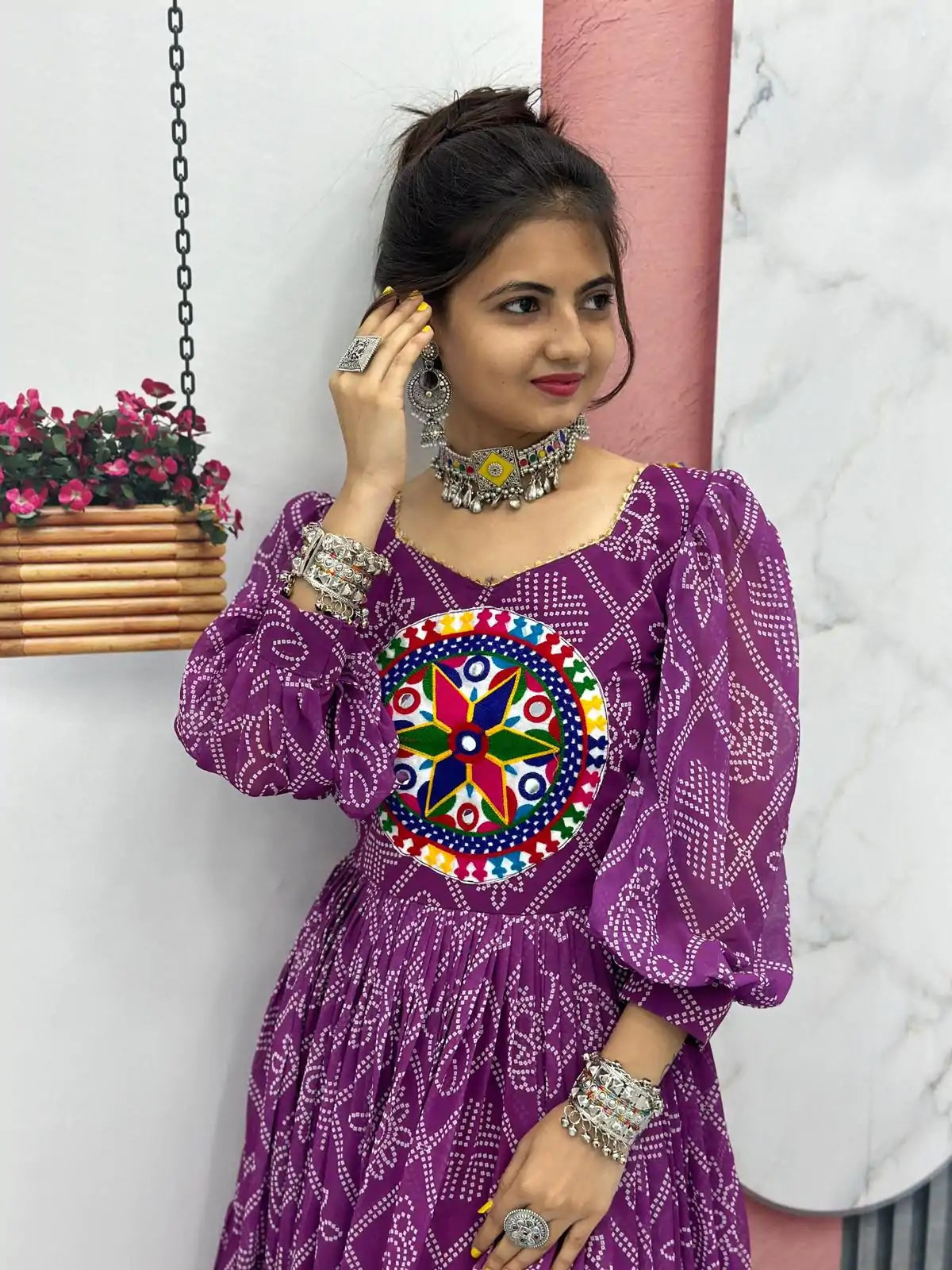 Perfect Purple Bandhani Printed Gamathi Mirror Work Gown