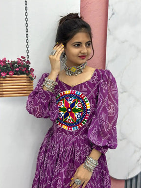 Perfect Purple Bandhani Printed Gamathi Mirror Work Gown