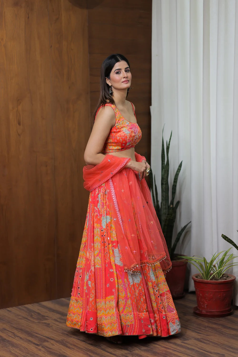 Red-Orange Off-Shoulder Multi-Print Chaniya Choli for Festive Occasions