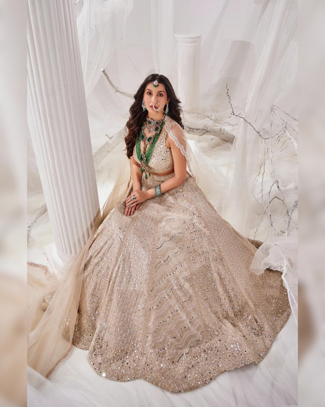 Nora Fatehi Gold Beige Beadwork Lehenga | Glamorous and Elegant Ethnic Wear