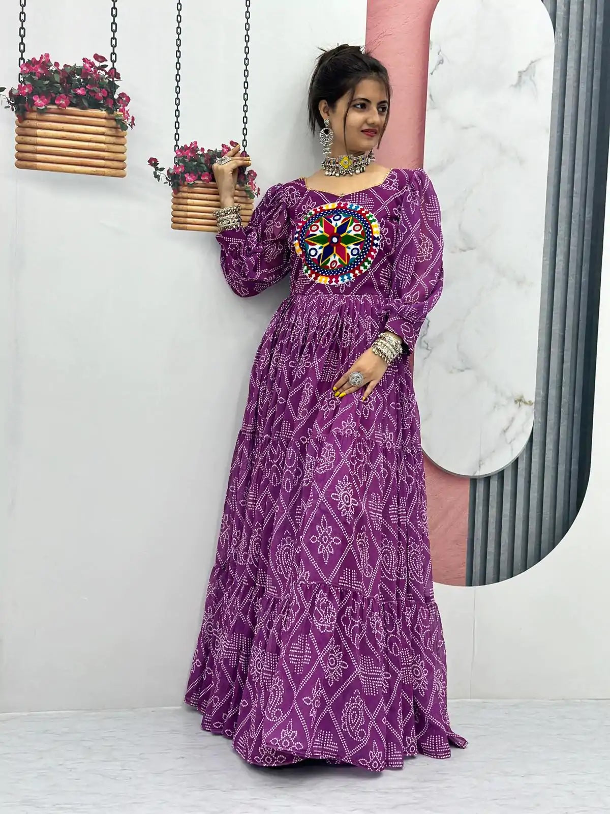 Perfect Purple Bandhani Printed Gamathi Mirror Work Gown