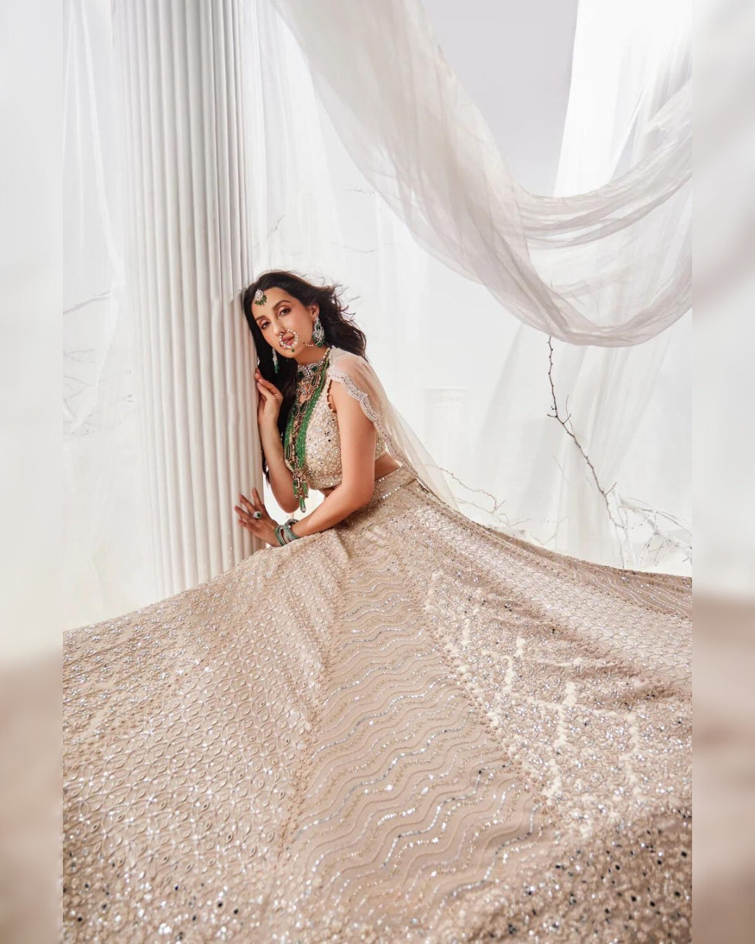 Nora Fatehi Gold Beige Beadwork Lehenga | Glamorous and Elegant Ethnic Wear