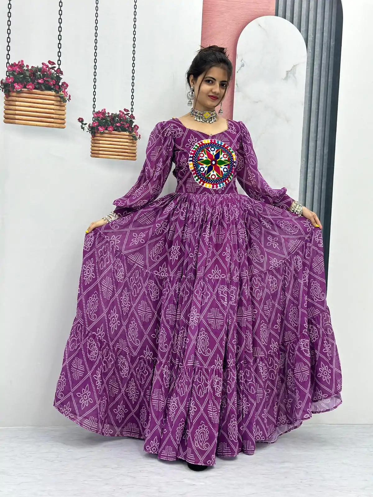 Perfect Purple Bandhani Printed Gamathi Mirror Work Gown