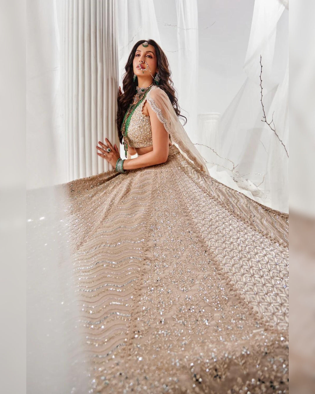 Nora Fatehi Gold Beige Beadwork Lehenga | Glamorous and Elegant Ethnic Wear
