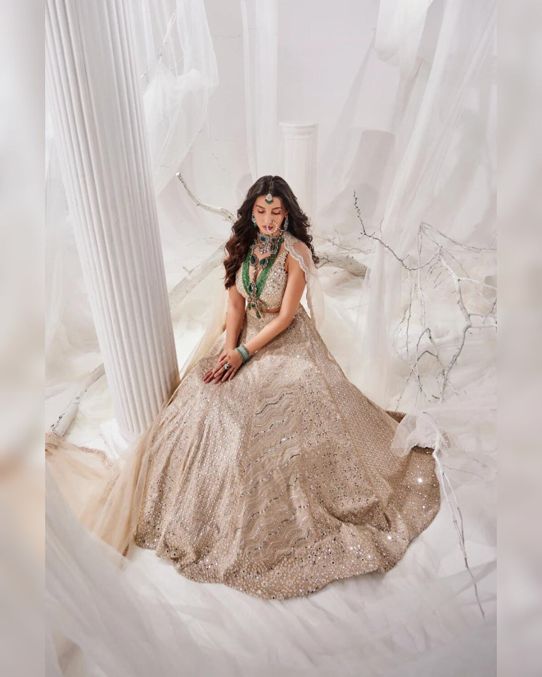 Nora Fatehi Gold Beige Beadwork Lehenga | Glamorous and Elegant Ethnic Wear