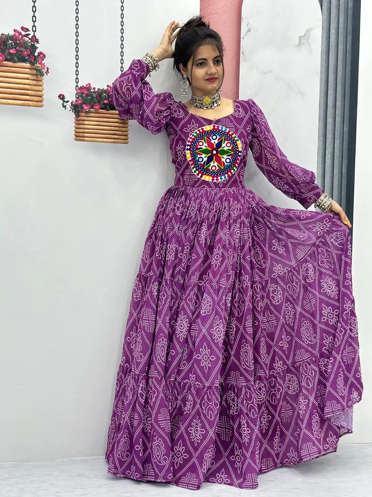 Perfect Purple Bandhani Printed Gamathi Mirror Work Gown