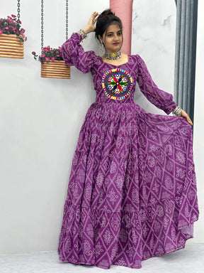 Perfect Purple Bandhani Printed Gamathi Mirror Work Gown